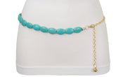 Turquoise Blue Beads Belt Gold Metal Chain S M L